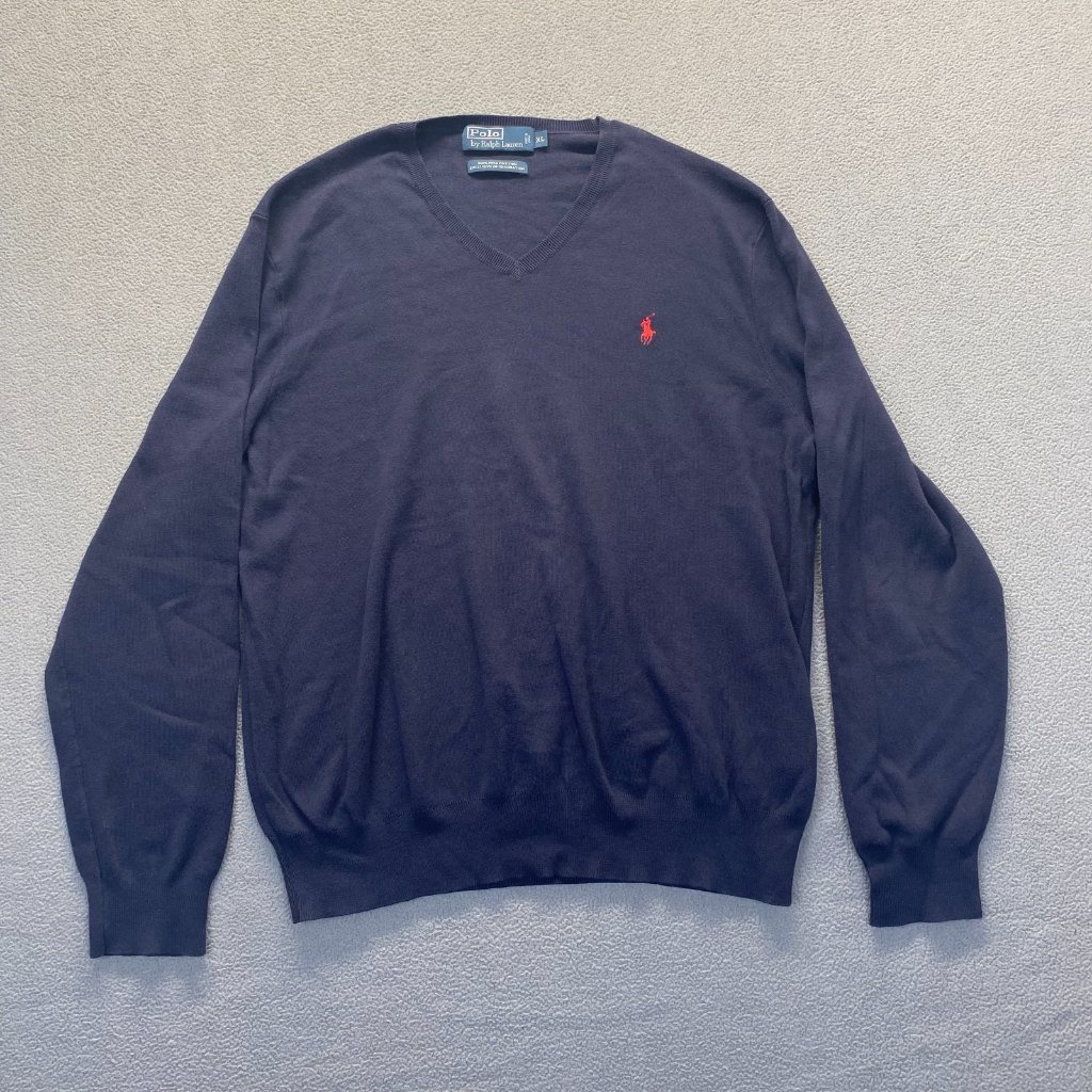 Polo Ralph Lauren Sweater Mens Size Xl Blue V-Neck Pima Cotton Knit Pullover
